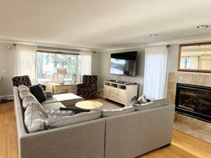 Smart TV, fireplace, books, stereo