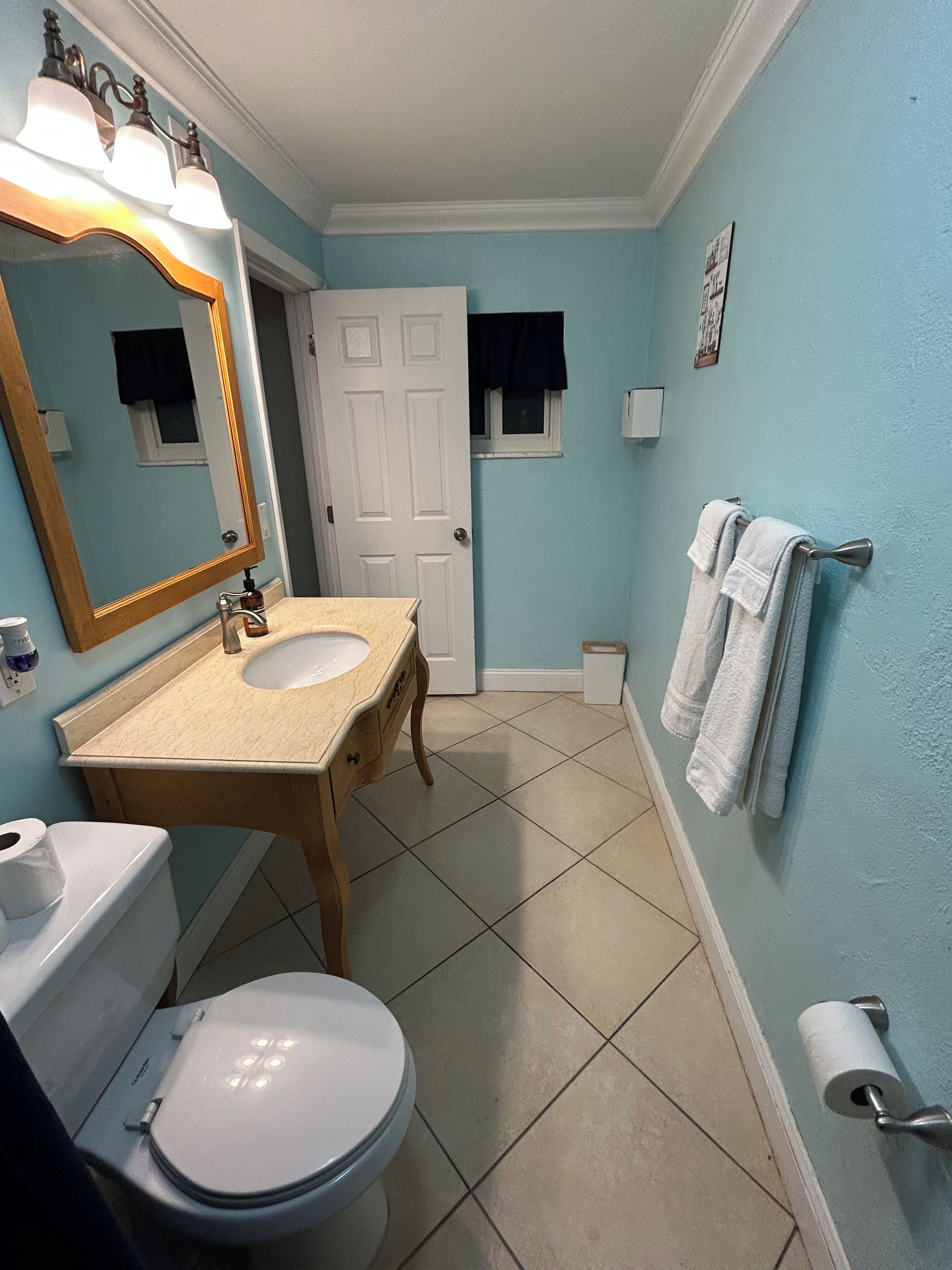 Une salle de bain équipée d’un lavabo, d’un miroir, de toilettes et d’un porte-serviettes.