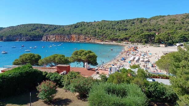 A coastal beach with boats, a sandy shore, and a forested hillside.