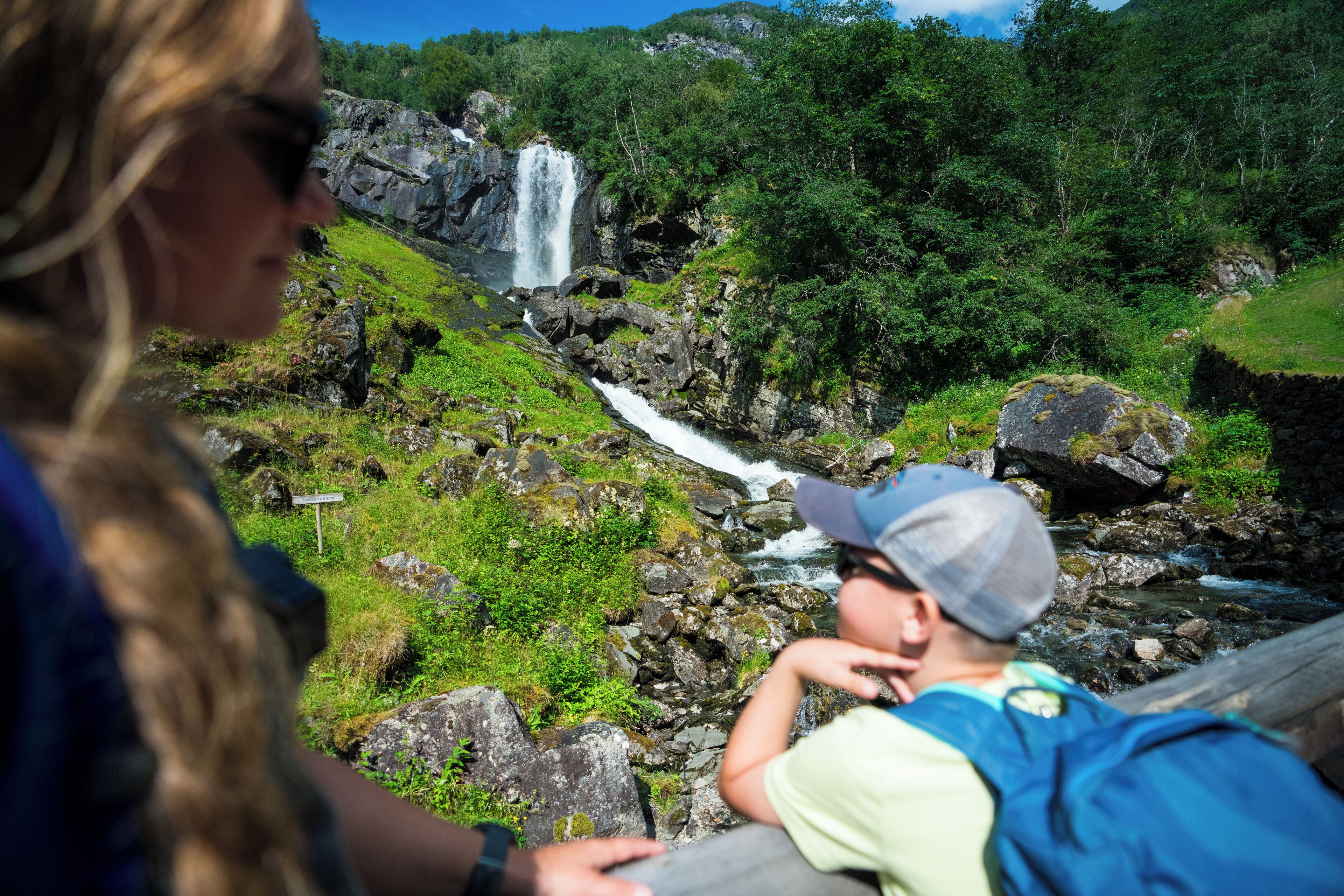 A natural landscape with a waterfall, rocky terrain, and lush greenery.