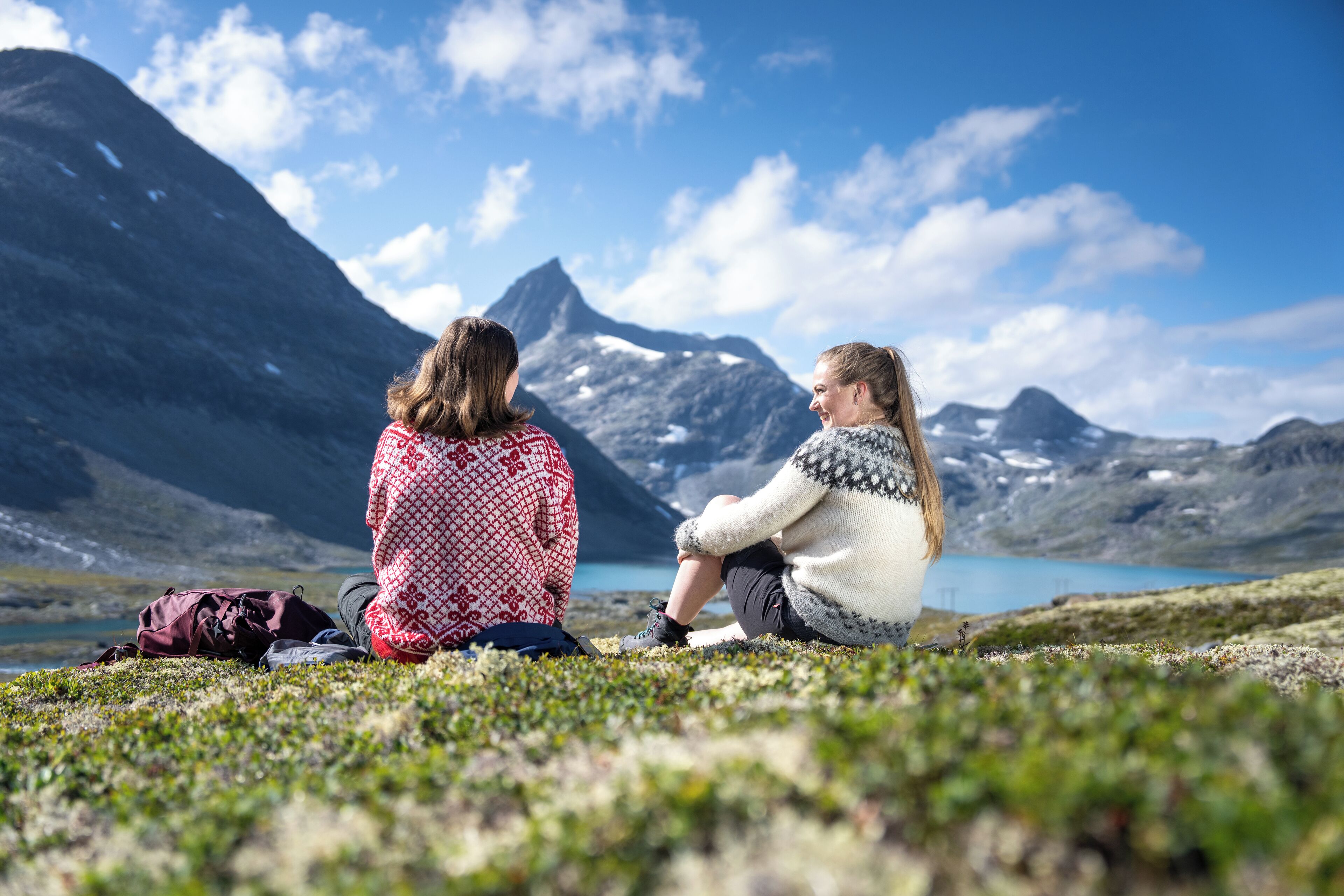 Dos personas sentadas en un césped con un paisaje montañoso y un lago al fondo.