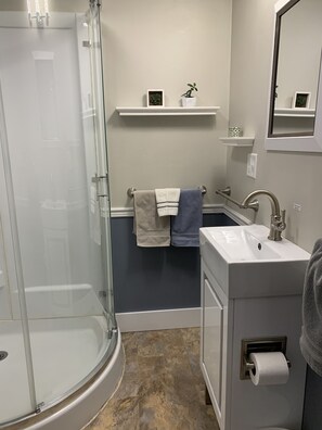 Combined shower/bathtub, hair dryer, towels, soap