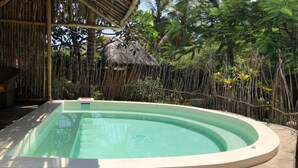 Ein Pool mit geschwungener Kante, umgeben von einem Bambuszaun und üppiger Vegetation.