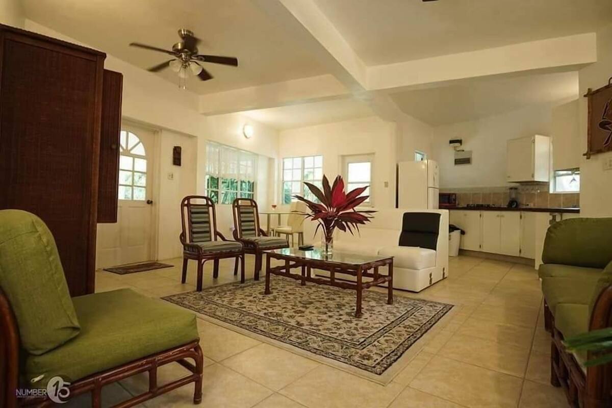 A spacious living room with a high ceiling, a ceiling fan, and a large window.