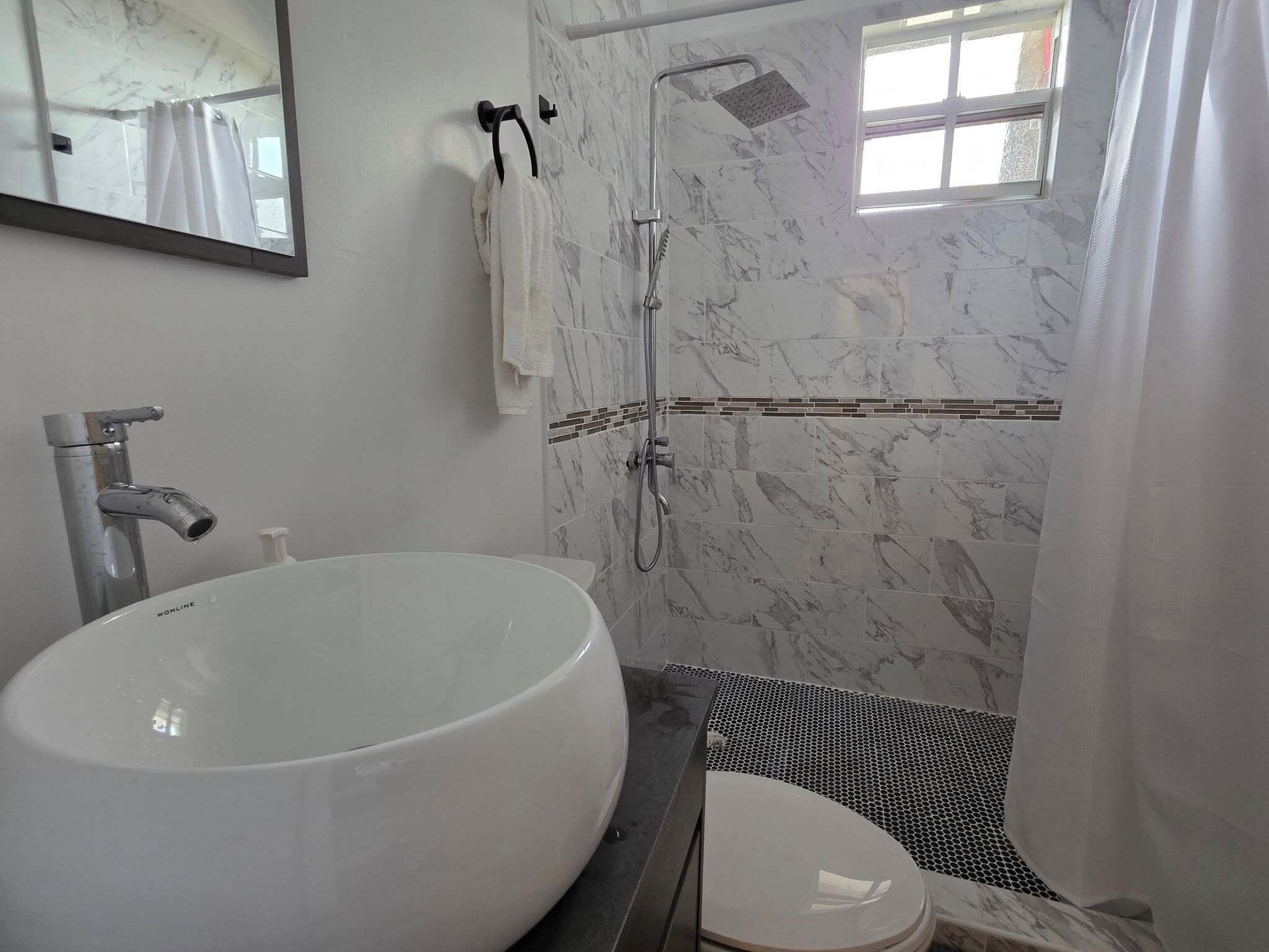 A bathroom with a large white sink, a shower with a handheld showerhead, and a toilet.