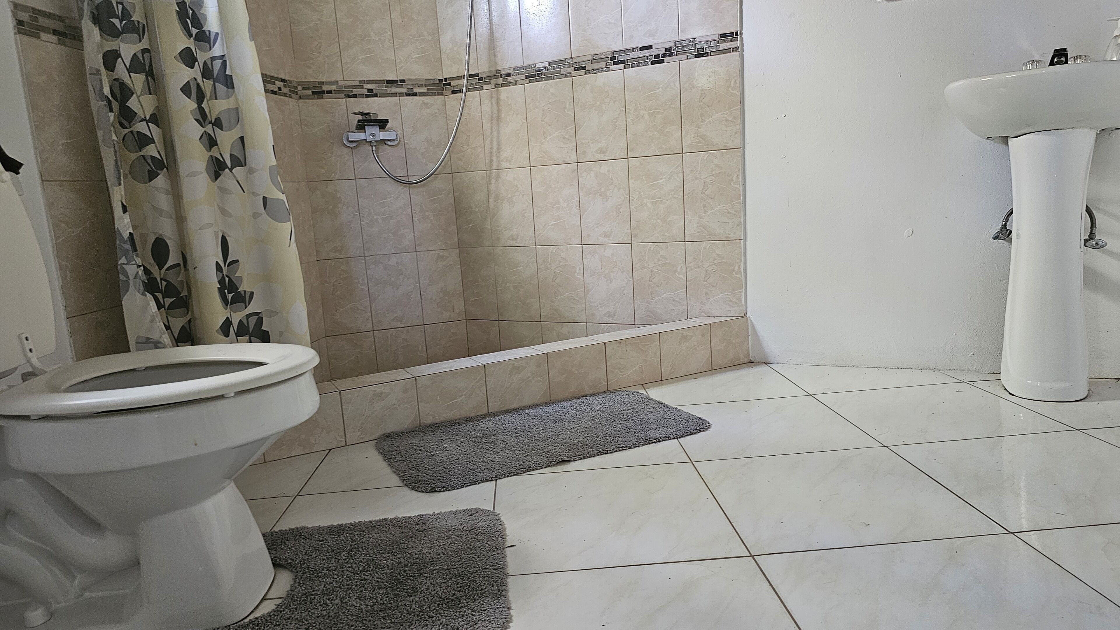 Un baño con inodoro, ducha y lavamanos.