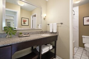 Combined shower/tub, hair dryer, towels, toilet paper
