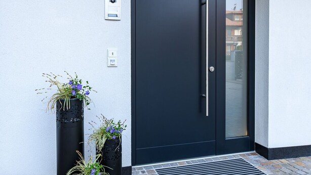 Una entrada moderna a un edificio con una puerta oscura, dos plantas en macetas, una pequeña luminaria exterior y una rejilla metálica sobre el pavimento adoquinado.