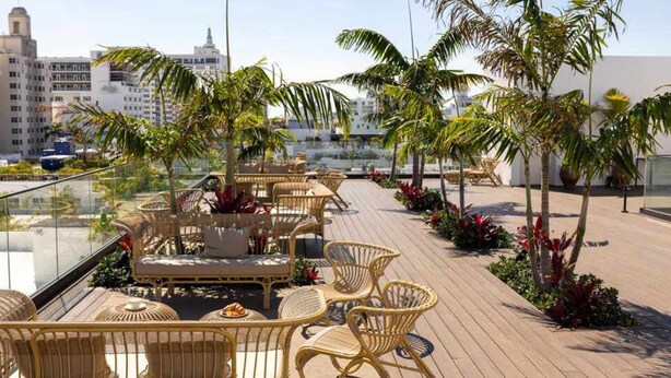 A rooftop terrace with wicker furniture, palm trees, and a cityscape view. - UMA House by Yurbban South Beach (Miami Beach)