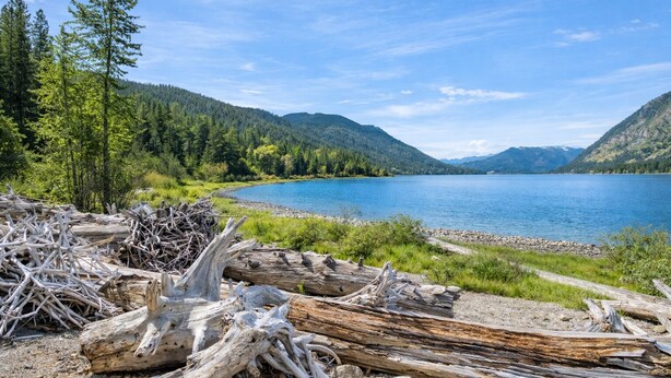 A natural landscape with a lake, forest, and mountains.