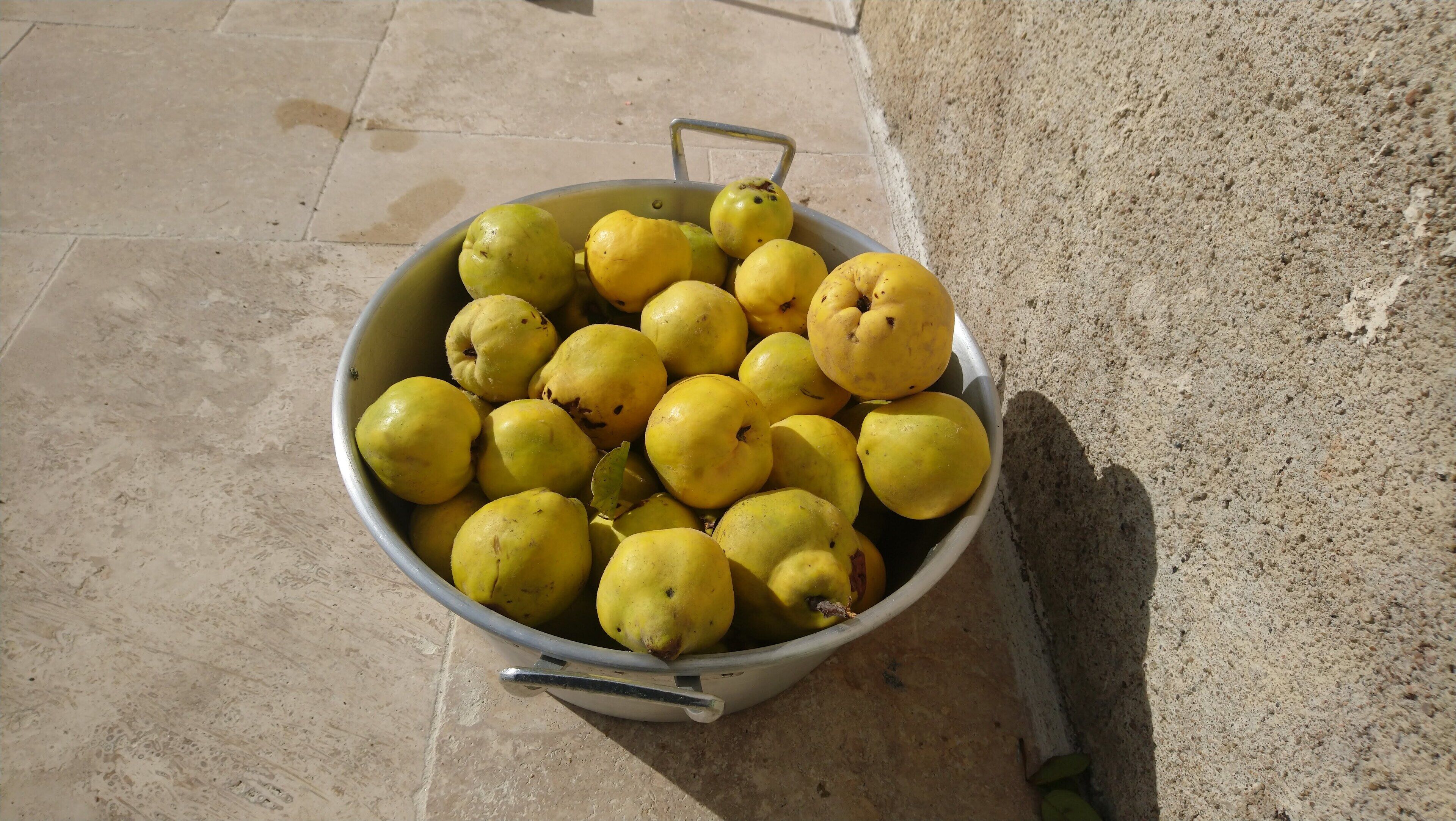 A metal bucket filled with yellow fruits, placed on a tiled floor next to a concrete wall.