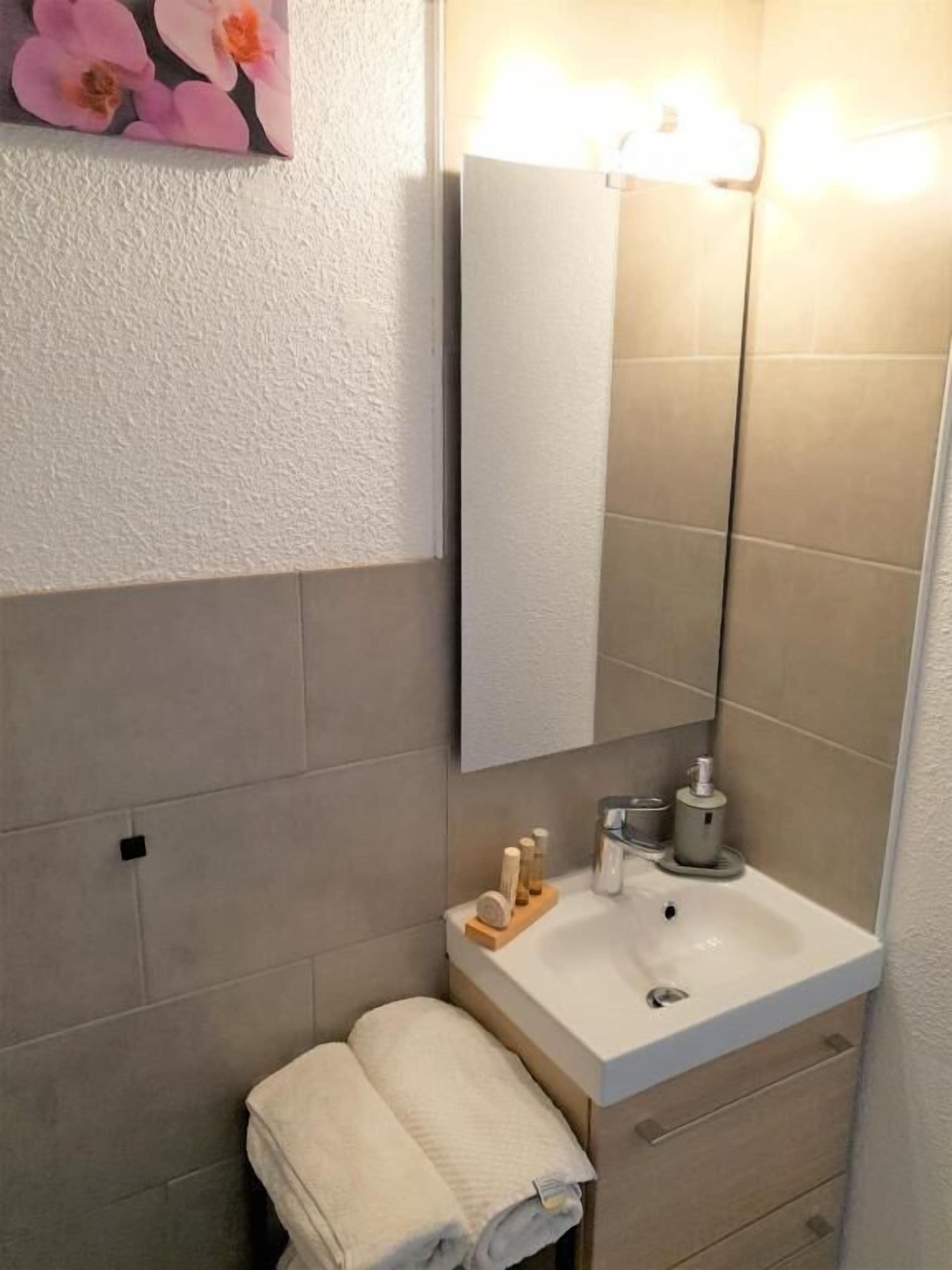 A bathroom with a white sink, a mirror, and a towel rack.