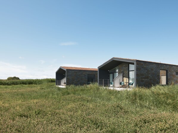 A modern house with a stone facade and large glass windows, set in a grassy field.