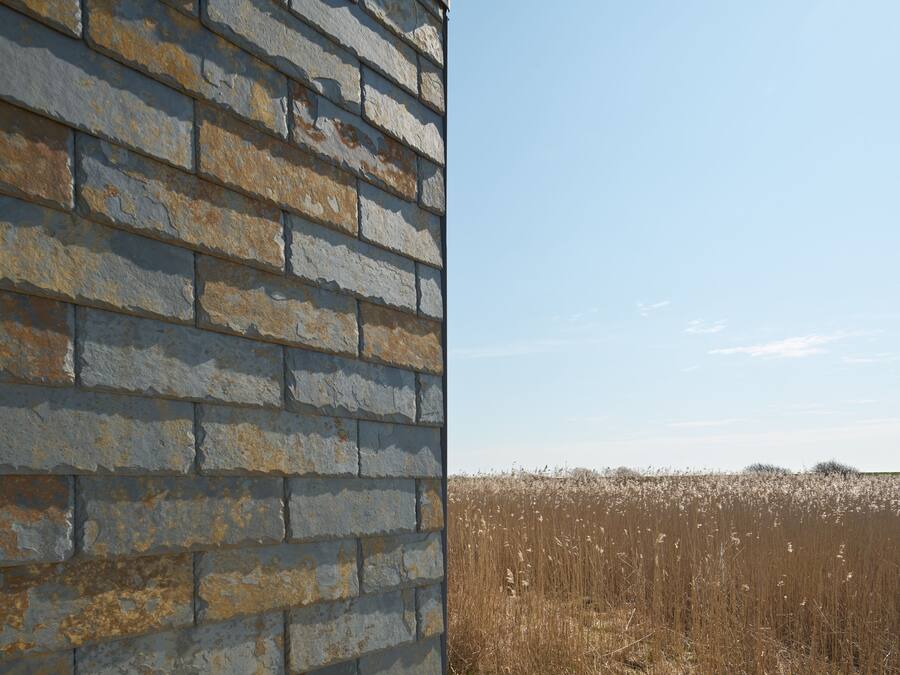 Un muro de ladrillo rústico y un campo de hierba alta y seca.