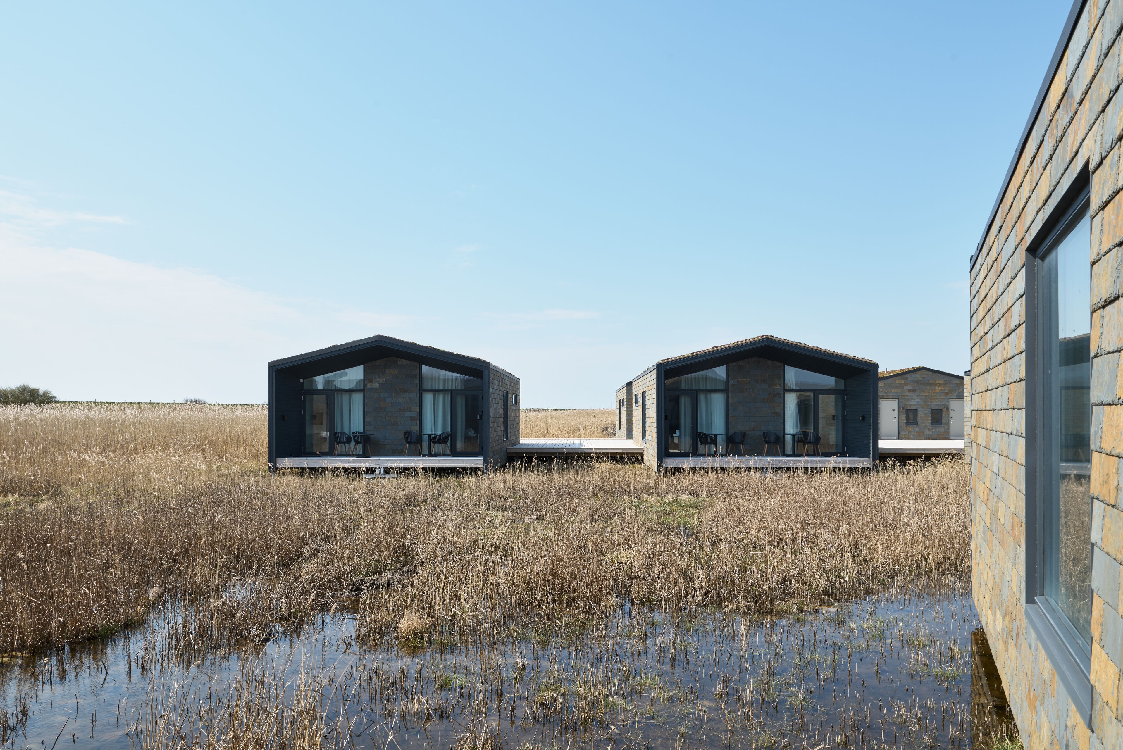 Dos cabañas modernas con techo de vidrio en un área de humedales bajo un cielo despejado.
