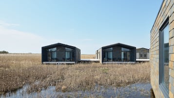 Dos cabañas modernas con techo de vidrio en un área de humedales bajo un cielo despejado.