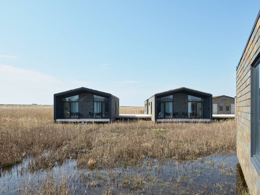 Dos cabañas modernas con techo de vidrio en un área de humedales bajo un cielo despejado.