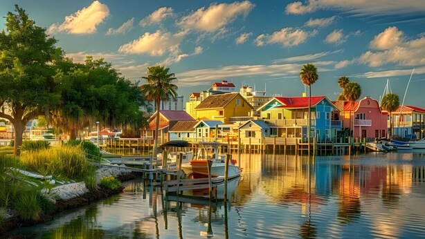 A waterfront property with colorful buildings, a dock with boats, and a calm water body reflecting the structures. - Madeira Beach Getaway – Tropic Breeze 7 Pool View Condo (Madeira Beach)