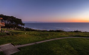 A coastal landscape with a grassy area, a pathway, and a view of the ocean.