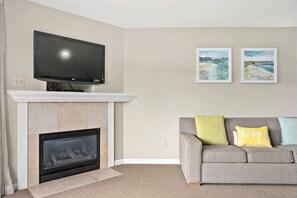 Télévision, cheminée, espaces bureaux