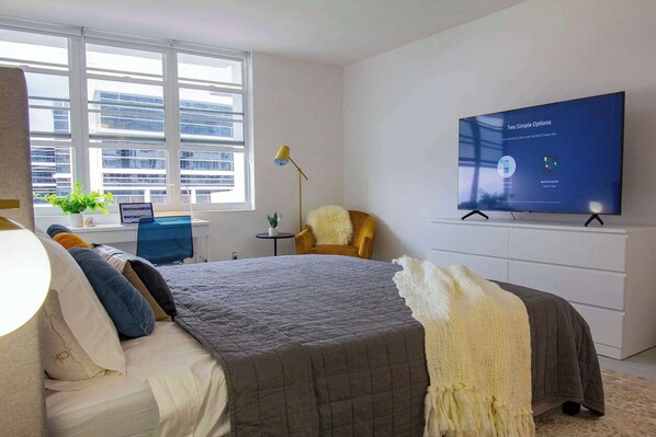 1 bedroom, desk, iron/ironing board, travel cot