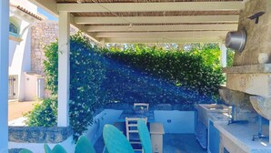 A covered outdoor patio with a stone wall, cactus plants, and a built-in grill area.