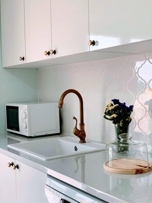 Frigorífico, microondas, horno y placa de cocina