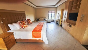 Un dormitorio con una cama grande, televisión y armario.