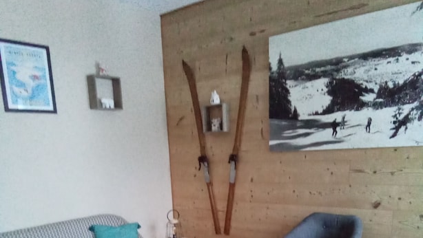 Un salon comprenant un canapé, une petite table, un fauteuil et un élément de décoration murale sur le thème du ski.