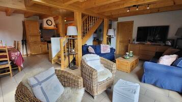 TV, fireplace, DVD player, books