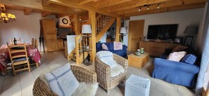 Televisión, chimenea, reproductor de DVD, libros