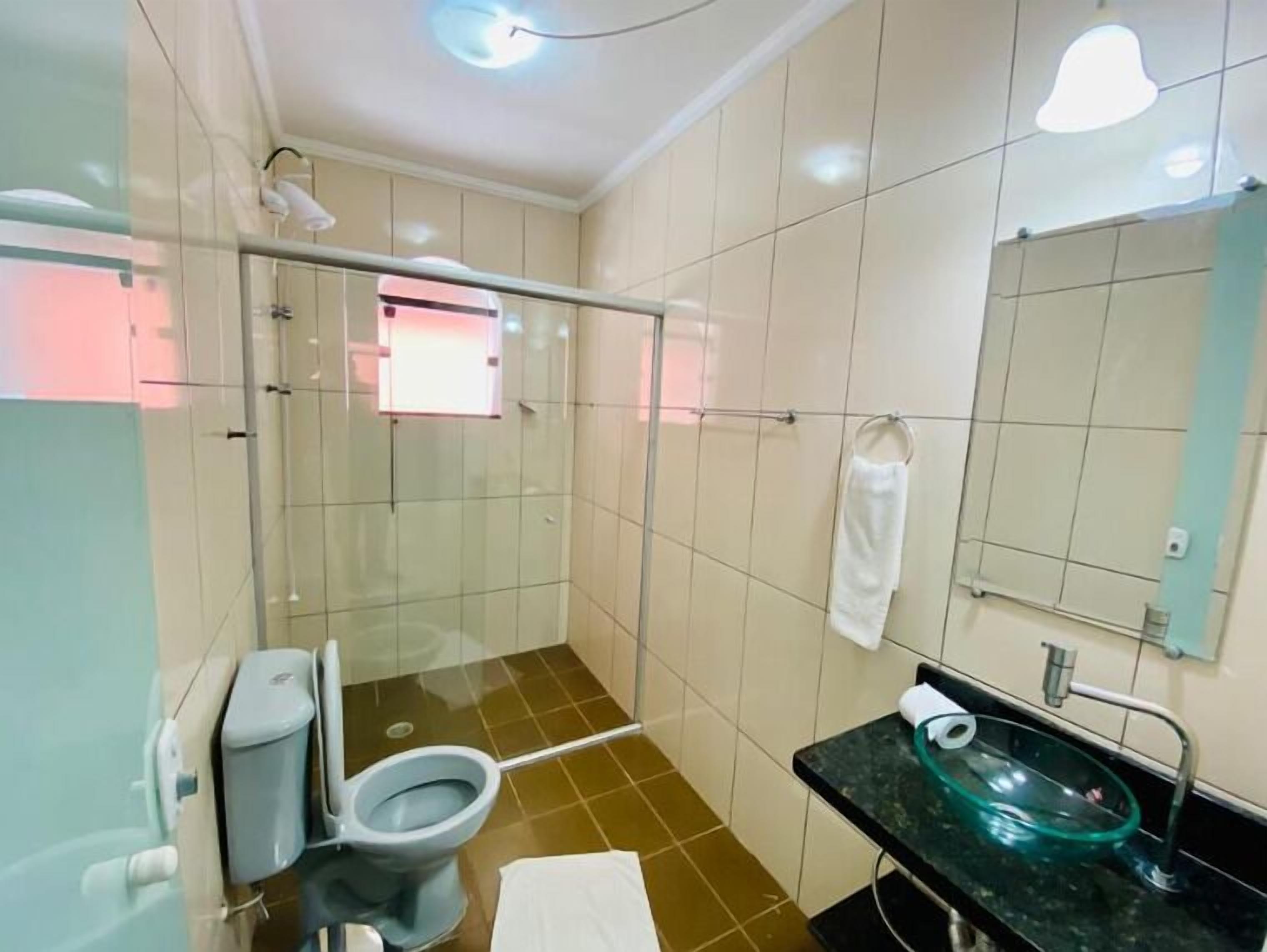 A modern bathroom with a glass shower enclosure, a toilet, a sink with a glass basin, and a mirror.