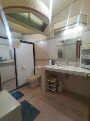 Shower, towels, soap, toilet paper
