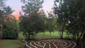 A garden with a circular stone pathway surrounded by trees and grass. - Villa Valeria - An eco hideaway with all the modern luxuries (Cabo Rojo)