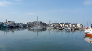 A marina with various boats docked, buildings in the background, and calm water reflecting the boats.