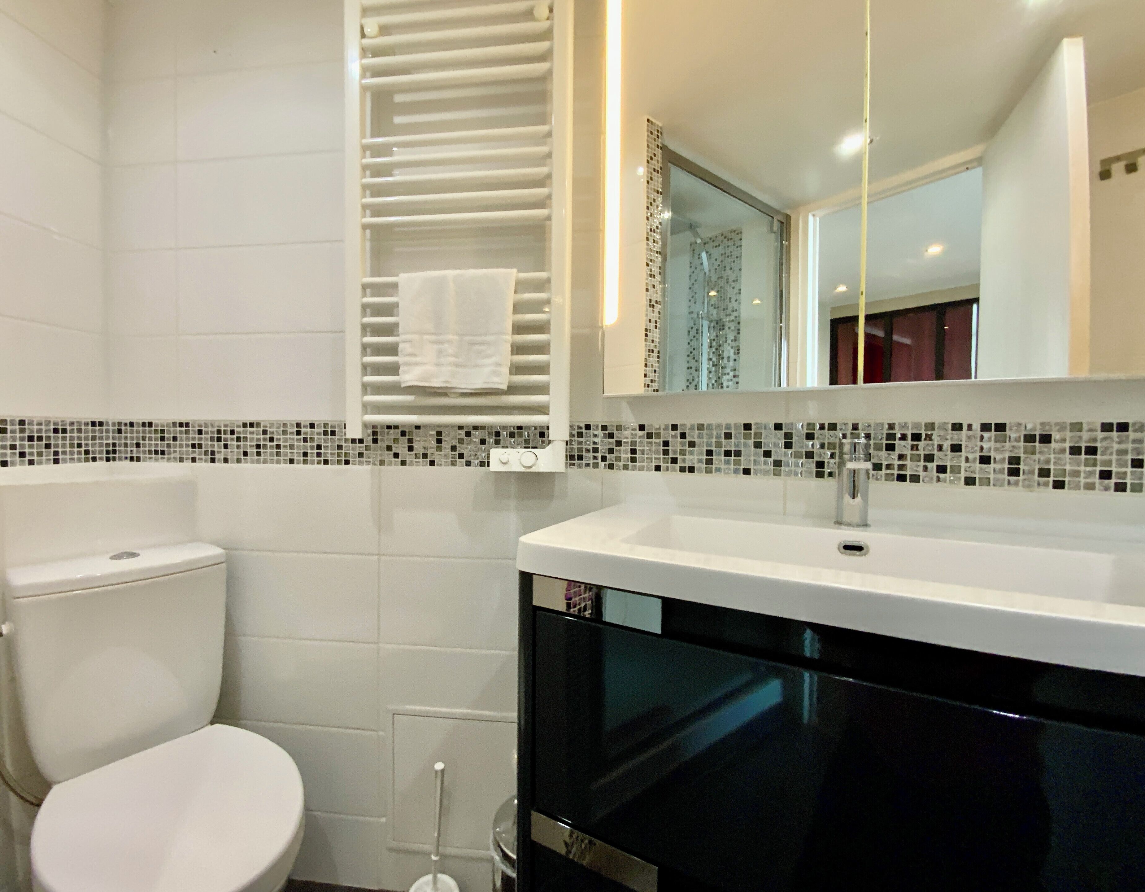 A bathroom with a toilet, a sink, and a mirror.