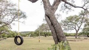 A grassy outdoor area with a tire swing hanging from a tree. - Gone Fishin` Cabin at Lightning Bug Springs (Uvalde)