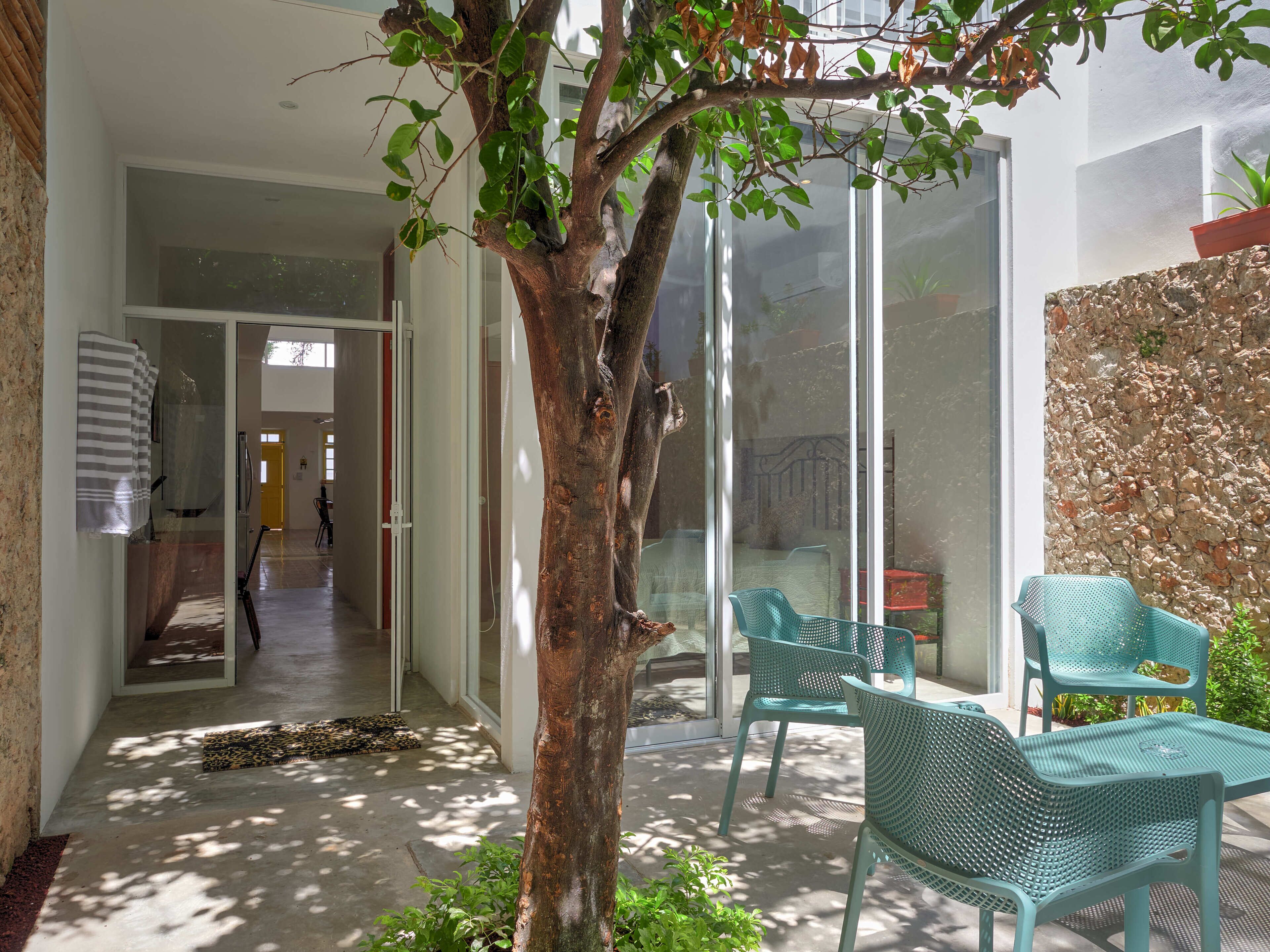 Un espace extérieur moderne agrémenté d’un arbre, d’une porte vitrée donnant sur un espace intérieur et d’un coin salon avec des chaises.