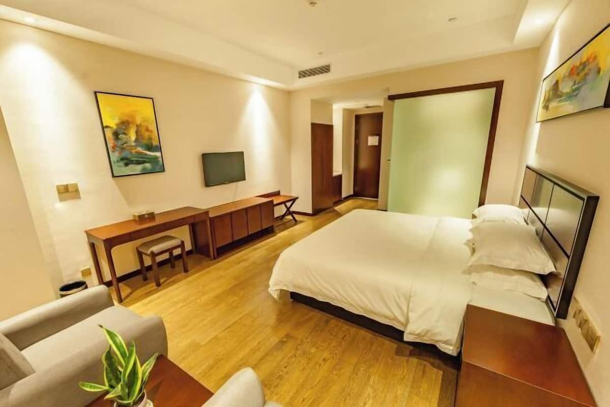 A hotel room with a bed, a desk, a chair, a TV, and a plant.