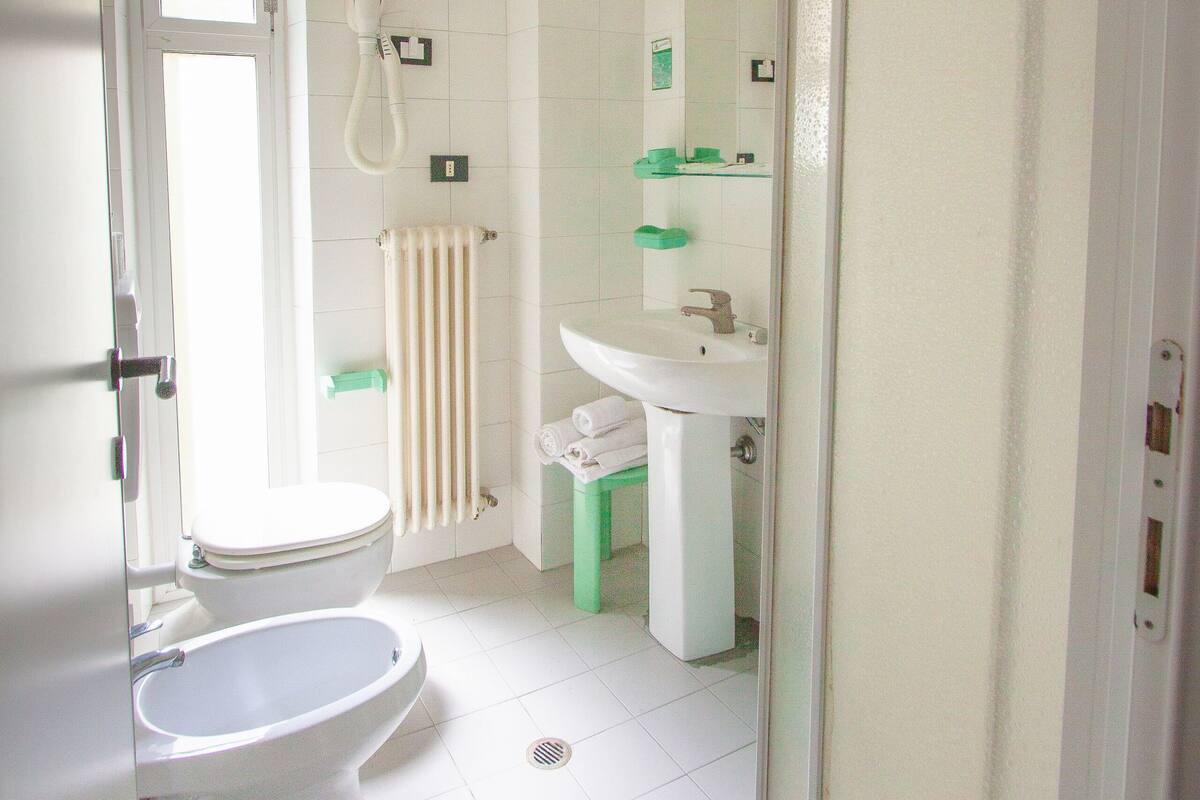 Ein Badezimmer mit Toilette, Bidet und Duschbereich.
