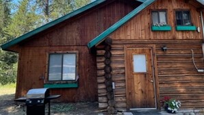 A rustic wooden cabin with a green roof, a front door, and a small porch area. - Wrangler Log Cabin Sleep 8 (Condon)