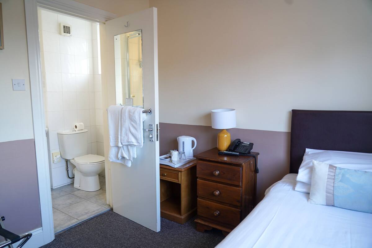 Een hotelkamer met een bed, een houten nachtkastje, een nachttafel met een lamp, een spiegel, een toilet en een douche.