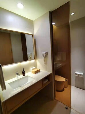 Un baño moderno con un espejo grande, un lavamanos, un inodoro y una zona de ducha.