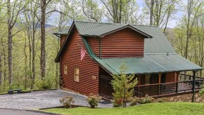 A log cabin with a green roof, surrounded by trees and a gravel driveway.