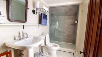 A bathroom with a white sink, a toilet, a shower with a glass door, and a mirror.