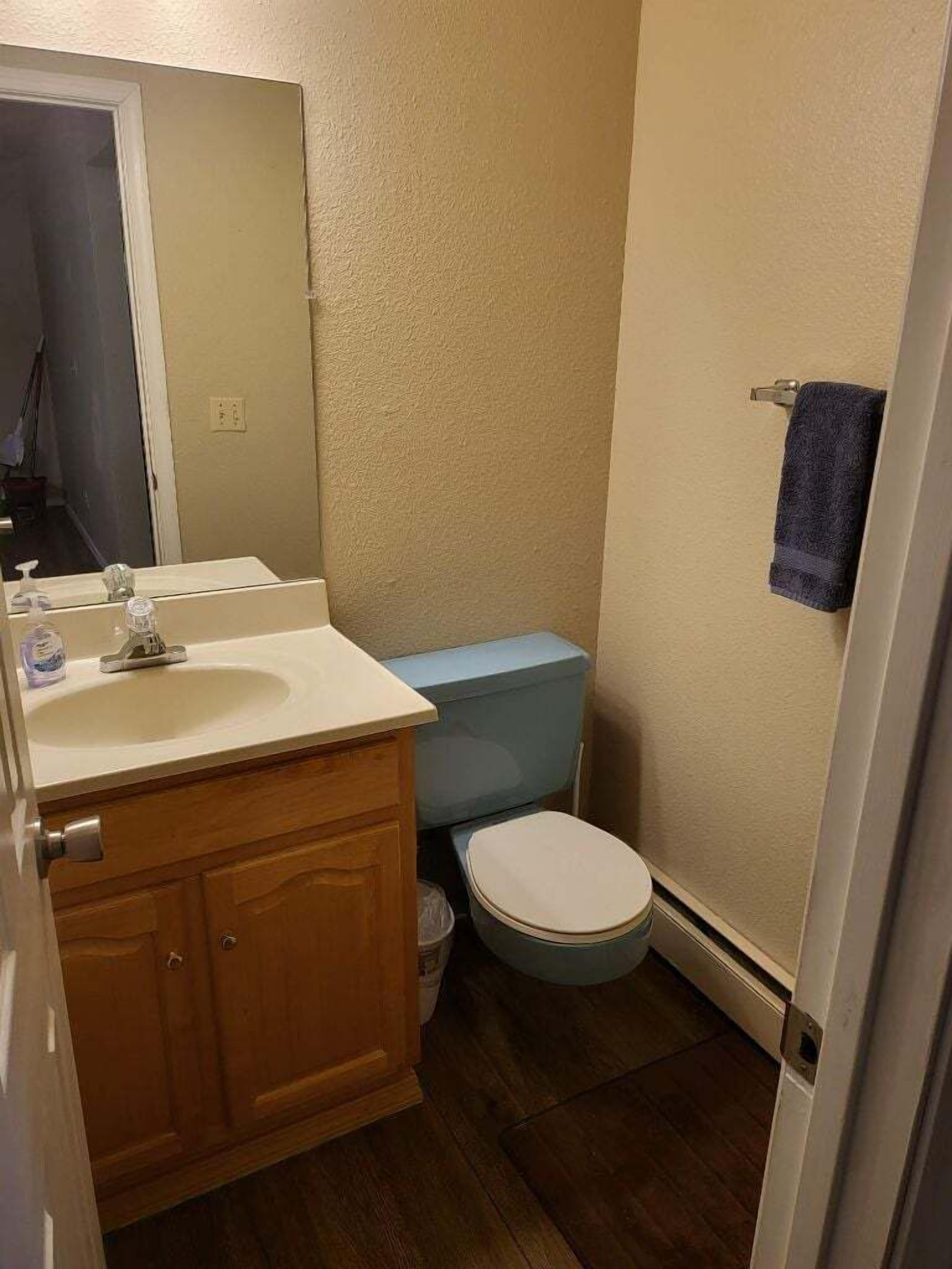 Une petite salle de bain comprenant un lavabo, un miroir, des toilettes et un porte-serviettes.