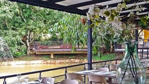 Un área de comedor al aire libre con mesas y sillas, una fuente de agua y abundante vegetación.
