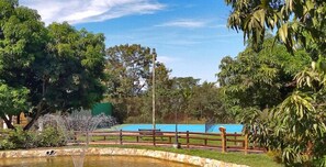 Ein Park mit Teich, Holzzaun und verschiedenen Bäumen.