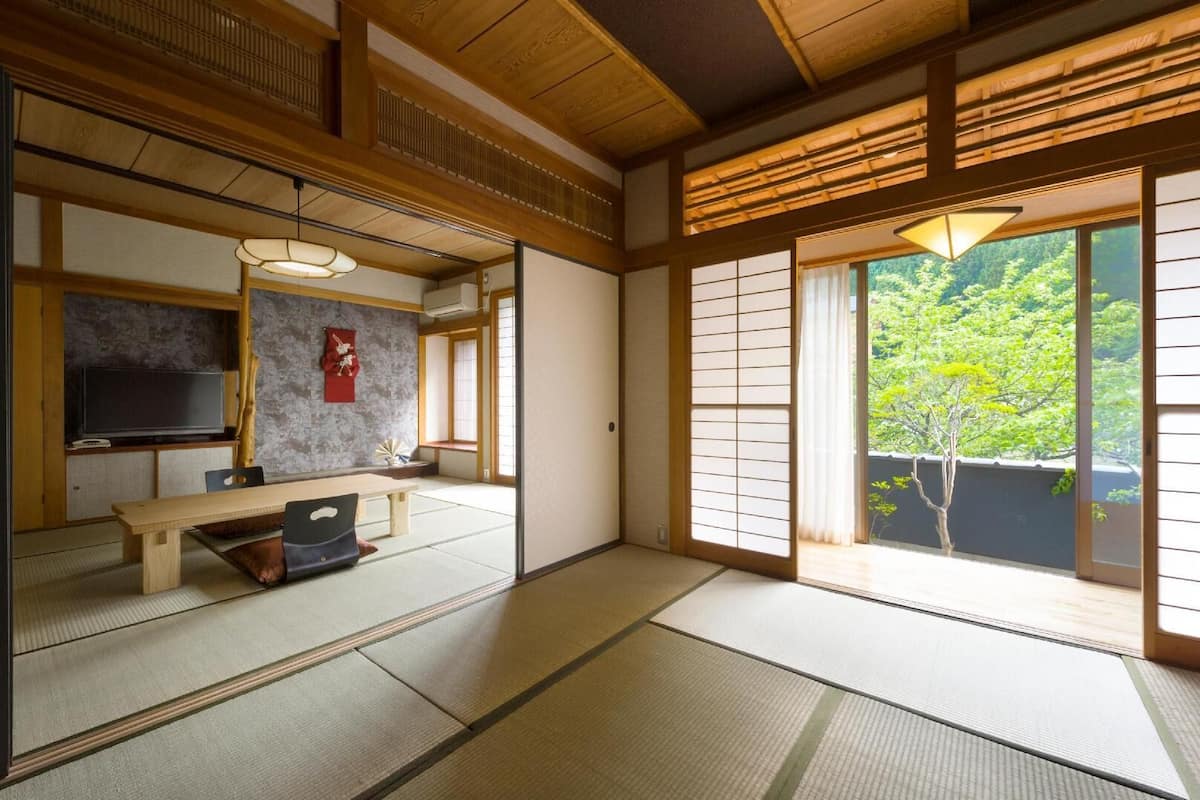A traditional Japanese room with tatami flooring, a low table, a television, and a sliding door to a garden.