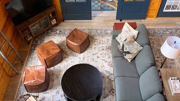 Smart TV, fireplace, books, computer monitors